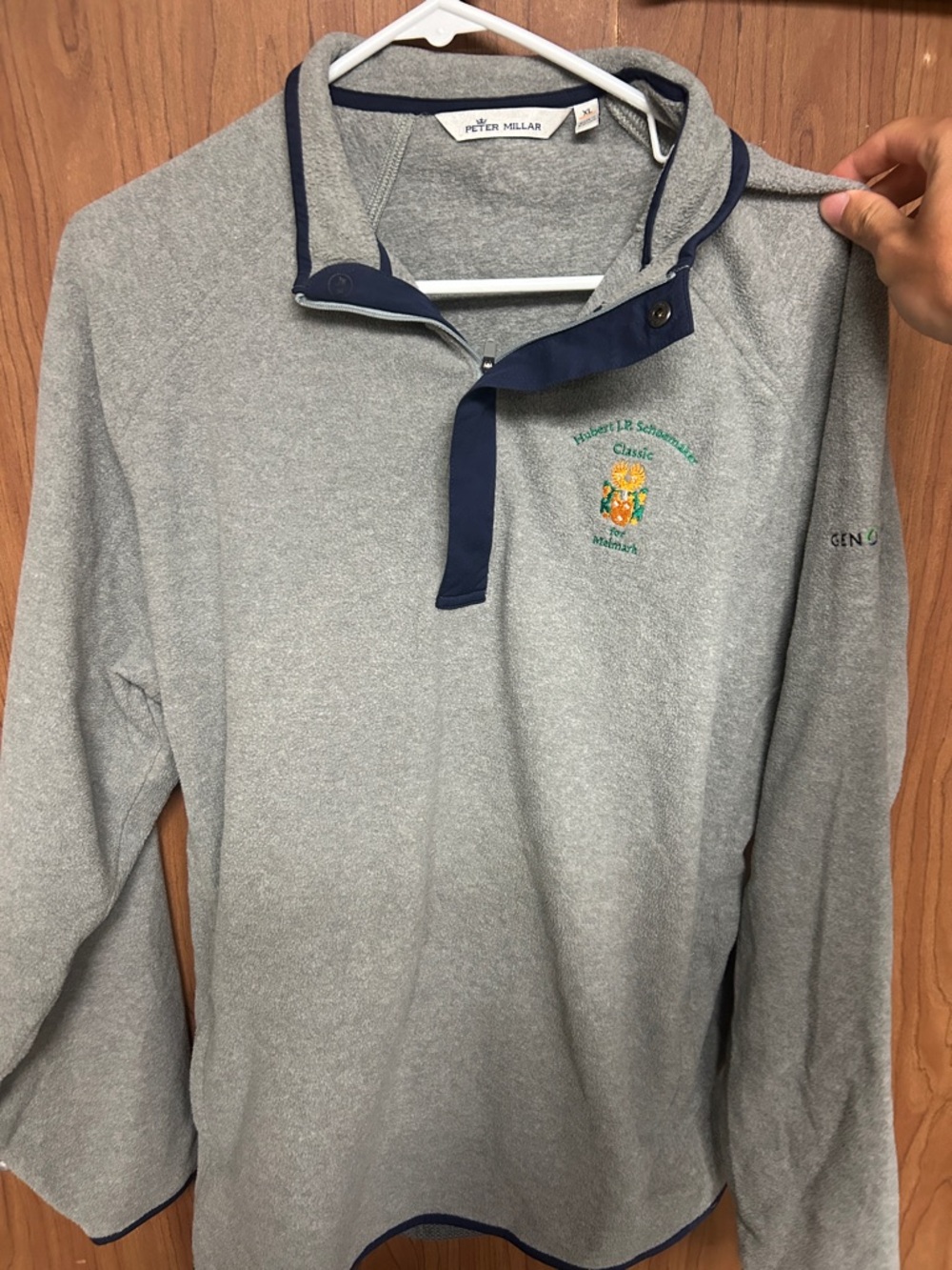 Peter Millar Gray Pullover with Navy Trim and Embroidered Crest
